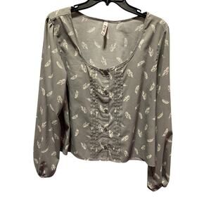 MUDD Women's XL Long Sleeve Top Grey Leaf Design Pleated Lightweight